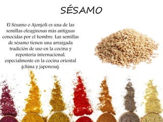 SÉSAMO
El Sésamo o Ajonjolí es una de las
semillas oleaginosas más antiguas
conocidas por el hombre. Las semillas
de sésamo tienen una arraigada
tradición de uso en la cocina y
repostería internacional,
especialmente en la cocina oriental
(china y japonesa).
 
