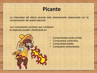 Picante
La intensidad del efecto picante esta directamente relacionada con la
concentración del aceite esencial.
Los compuestos picantes que contienen
la especias pueden clasificarse en:
• Componentes acido-amida.
• Compuestos carbonilos.
• Compuestos tioéter.
• Compuesto isotiocianato.
 