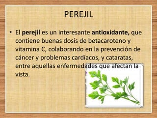 PEREJIL
• El perejil es un interesante antioxidante, que
contiene buenas dosis de betacaroteno y
vitamina C, colaborando en la prevención de
cáncer y problemas cardíacos, y cataratas,
entre aquellas enfermedades que afectan la
vista.
 