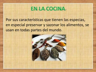 EN LA COCINA
Por sus características que tienen las especias,
en especial preservar y sazonar los alimentos, se
usan en todas partes del mundo.
 
