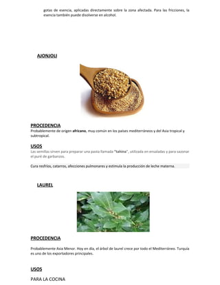 gotas de esencia, aplicadas directamente sobre la zona afectada. Para las fricciones, la
        esencia también puede disolverse en alcohol.




    AJONJOLI




PROCEDENCIA
Probablemente de origen africano, muy común en los países mediterráneos y del Asia tropical y
subtropical.

USOS
Las semillas sirven para preparar una pasta llamada “tahina”, utilizada en ensaladas y para sazonar
el puré de garbanzos.

Cura resfríos, catarros, afecciones pulmonares y estimula la producción de leche materna.



    LAUREL




PROCEDENCIA

Probablemente Asia Menor. Hoy en día, el árbol de laurel crece por todo el Mediterráneo. Turquía
es uno de los exportadores principales.



USOS

PARA LA COCINA
 