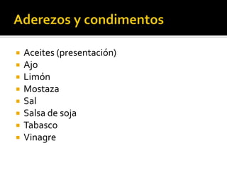 Aderezos y condimentosAceites (presentación)AjoLimónMostazaSalSalsa de sojaTabascoVinagre