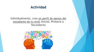 Actividad
Individualmente, crea un perfil de egreso del
estudiante de tu nivel (Inicial, Primaria o
Secundaria)
 