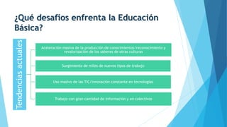 ¿Qué desafíos enfrenta la Educación
Básica?
Tendencias
actuales
Aceleración masiva de la producción de conocimientos/reconocimiento y
revalorización de los saberes de otras culturas
Surgimiento de miles de nuevos tipos de trabajo
Uso masivo de las TIC/innovación constante en tecnologías
Trabajo con gran cantidad de información y en colectivos
 