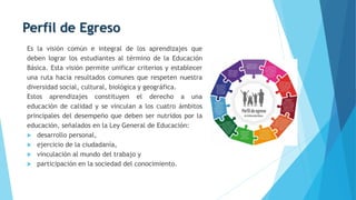 Perfil de Egreso
Es la visión común e integral de los aprendizajes que
deben lograr los estudiantes al término de la Educación
Básica. Esta visión permite unificar criterios y establecer
una ruta hacia resultados comunes que respeten nuestra
diversidad social, cultural, biológica y geográfica.
Estos aprendizajes constituyen el derecho a una
educación de calidad y se vinculan a los cuatro ámbitos
principales del desempeño que deben ser nutridos por la
educación, señalados en la Ley General de Educación:
 desarrollo personal,
 ejercicio de la ciudadanía,
 vinculación al mundo del trabajo y
 participación en la sociedad del conocimiento.
 