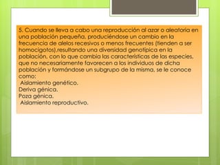 5. Cuando se lleva a cabo una reproducción al azar o aleatoria en
una población pequeña, produciéndose un cambio en la
frecuencia de alelos recesivos o menos frecuentes (tienden a ser
homocigotos),resultando una diversidad genotípica en la
población, con lo que cambia las características de las especies,
que no necesariamente favorecen a los individuos de dicha
población y formándose un subgrupo de la misma, se le conoce
como:
 Aislamiento genético.
Deriva génica.
Poza génica.
 Aislamiento reproductivo.
 