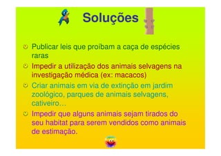 Soluções

• Publicar leis que proíbam a caça de espécies
  raras
• Impedir a utilização dos animais selvagens na
  investigação médica (ex: macacos)
• Criar animais em via de extinção em jardim
  zoológico, parques de animais selvagens,
  cativeiro…
• Impedir que alguns animais sejam tirados do
  seu habitat para serem vendidos como animais
  de estimação.
 