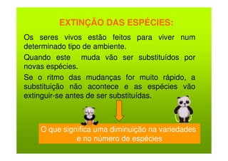 EXTINÇÃO DAS ESPÉCIES:
Os seres vivos estão feitos para viver num
determinado tipo de ambiente.
Quando este muda vão ser substituídos por
novas espécies.
Se o ritmo das mudanças for muito rápido, a
substituição não acontece e as espécies vão
extinguir-se antes de ser substituídas.



    O que significa uma diminuição na variedades
              e no número de espécies
 