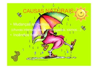 CAUSAS NATURAIS:

• Mudanças ambientais
(chuvas intensas, secas prolongadas, sismos…)
• Incêndios florestais
 