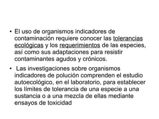 ● El uso de organismos indicadores de
contaminación requiere conocer las tolerancias
ecológicas y los requerimientos de las especies,
así como sus adaptaciones para resistir
contaminantes agudos y crónicos.
● Las investigaciones sobre organismos
indicadores de polución comprenden el estudio
autoecológico, en el laboratorio, para establecer
los límites de tolerancia de una especie a una
sustancia o a una mezcla de ellas mediante
ensayos de toxicidad
 