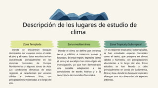 Descripción de los lugares de estudio de
clima
Zona Templada Zona mediterránea Zona Tropical y Subtropical
Donde se encuentran bosques
dominados por especies como el roble,
el pino y el abeto. Estos estudios se han
concentrado principalmente en los
sistemas forestales de Europa,
Norteamérica y algunas zonas de Asia.
Las condiciones climáticas de estas
regiones se caracterizan por veranos
cálidos e inviernos fríos, con
precipitaciones moderadas a lo largo del
año.
Donde el clima se define por veranos
secos y cálidos, e inviernos suaves y
lluviosos. En esta región, especies como
el pino y el eucalipto han sido objeto de
investigación, ya que han demostrado
una notable adaptación a las
condiciones de estrés hídrico y a la
recurrencia de incendios forestales.
En las regiones tropicales y subtropicales,
se han estudiado especies forestales
como el cedro, que prospera en climas
cálidos y húmedos, con precipitaciones
abundantes a lo largo del año. Estos
estudios se han llevado a cabo
principalmente en zonas de Sudamérica,
África y Asia, donde los bosques tropicales
albergan una rica diversidad de especies
arbóreas.
 