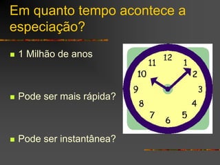 Em quanto tempo acontece a
especiação?
1 Milhão de anos
Pode ser mais rápida?
Pode ser instantânea?
 