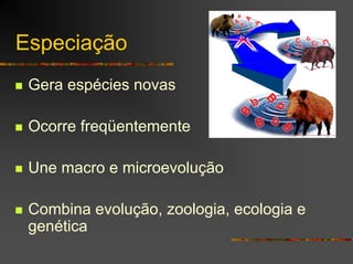 Especiação
Gera espécies novas
Ocorre freqüentemente
Une macro e microevolução
Combina evolução, zoologia, ecologia e
genética
 