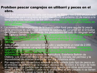 Prohíben pescar cangrejos en ullibarri y peces en el
ebro.
• Los 8.800 pescadores de caña con licencia de Álava y los 2.500 aficionados
con permiso para cangrejos se enfrentan desde el próximo 22 de marzo a la
temporada más restrictiva de los últimos años. La culpa es del mejillón
cebra, el molusco invasor que avanza inexorable por las grandes masas de
agua alabases.
• La novedad más importante de la nueva orden foral para regular la pesca
en la provincia es que no se permitirá la captura del cangrejo en el embalse
de Ullibarri Gamboa. Igualmente, los pescadores del coto de cangrejo señal
del Zadorra tienen la obligación de los pescadores de acudir a desinfectar
las botas y reteles en el punto que el departamento de Agricultura
establecerá en Eskalmendi, donde se podrán entregar los partes de
captura.
• Sólo en este coto se conceden entre julio y septiembre un total de 2.050
permisos para pescar cangrejo señal, a razón de 50 diarios. «Debíamos
optar entre la prohibición absoluta o ser muy rigurosos y hemos elegido lo
segundo porque pescar aquí es muy apreciado por los grandes
aficionados», señaló la diputada de Agricultura, Estefanía Beltrán de
Otálora. Los incumplimientos se pagarán con la retirada del permiso y la
imposibilidad de obtener licencia en los dos próximos años .
• Por segundo año consecutivo además queda vedada todo tipo de pesca en
el embalse de Sobrón y en la margen alavesa del río Ebro a lo largo de todo
el recorrido, una medida que se queda coja puesto que otras autonomías
como La Rioja o Castilla y León no lo prohibieron el año pasado ni se tienen
noticias de que lo vayan a hacer en 2009.
 
