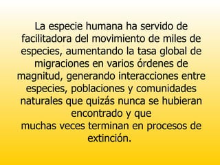 La especie humana ha servido de facilitadora del movimiento de miles de especies, aumentando la tasa global de migraciones en varios órdenes de magnitud, generando interacciones entre especies, poblaciones y comunidades naturales que quizás nunca se hubieran encontrado y que muchas veces terminan en procesos de extinción.  