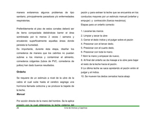 Cría de
26 Ovinos y Caprinos
manera evitaremos algunos problemas de tipo
sanitario, principalmente parasitosis y/o enfermedades
respiratorias.
Preferiblemente el piso de estos corrales deberá ser
de tierra compactada debiéndose barrer el área
sombreada por lo menos 2 veces / semana y
encalando superficialmente aquellas áreas donde
persista la humedad.
Es importante, durante ésta etapa, diseñar los
comederos de manera que los cabritos no puedan
subirse a Ios mismos y contaminar el alimento,
comederos colgantes (tubos de PVC, comederos de
pollos) han dado buenos resultados.
Ordeño
Se requiere de un estimulo a nivel de la ubre de la
cabra el cual sube hasta el cerebro segrega una
hormona llamada oxitocina y se produce la bajada de
la leche.
Manual
Por acción directa de la mano del hombre. Se le aplica
presión con la cual obtenemos la leche cisterna del
pezón y para extraer la leche que se encuentra en los
conductos mayores por un estimulo manual (ordeñar y
empujar) y contracción (fuerza mecánica).
Etapas para un ordeño correcto:
1. Lavarse las manos
2. Limpiar y secar la ubre
3. Cerrar el dedo índice y el pulgar sobre el pezón
4. Presionar con el tercer dedo.
5. Presionar con el cuarto dedo.
6. Presionar con toda la mano.
7 Abrir la mano y empezar de nuevo.
8. Al final del ordeño se da masaje a la ubre para bajar
el resto de la leche hacia el pezón.
9 La última leche se saca apretando el pezón entre el
pulgar y el índice.
10. Se mueven los dedos cerrados hacia abajo
 