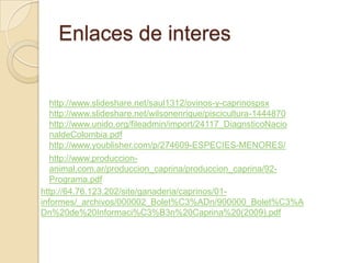 Enlaces de interes
http://www.slideshare.net/saul1312/ovinos-y-caprinospsx
http://www.slideshare.net/wilsonenrique/piscicultura-1444870
http://www.unido.org/fileadmin/import/24117_DiagnsticoNacio
naldeColombia.pdf
http://www.youblisher.com/p/274609-ESPECIES-MENORES/
http://www.produccion-
animal.com.ar/produccion_caprina/produccion_caprina/92-
Programa.pdf
http://64.76.123.202/site/ganaderia/caprinos/01-
informes/_archivos/000002_Bolet%C3%ADn/900000_Bolet%C3%A
Dn%20de%20Informaci%C3%B3n%20Caprina%20(2009).pdf
 
