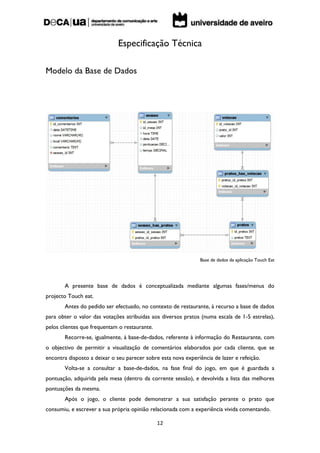 Especificação Técnica

Modelo da Base de Dados




                                                                Base de dados da aplicação Touch Eat




       A presente base de dados é conceptualizada mediante algumas fases/menus do
projecto Touch eat.
       Antes do pedido ser efectuado, no contexto de restaurante, à recurso a base de dados
para obter o valor das votações atribuidas aos diversos pratos (numa escala de 1-5 estrelas),
pelos clientes que frequentam o restaurante.
       Recorre-se, igualmente, à base-de-dados, referente à informação do Restaurante, com
o objectivo de permitir a visualização de comentários elaborados por cada cliente, que se
encontra disposto a deixar o seu parecer sobre esta nova experiência de lazer e refeição.
       Volta-se a consultar a base-de-dados, na fase final do jogo, em que é guardada a
pontuação, adquirida pela mesa (dentro da corrente sessão), e devolvida a lista das melhores
pontuações da mesma.
       Após o jogo, o cliente pode demonstrar a sua satisfação perante o prato que
consumiu, e escrever a sua própria opinião relacionada com a experiência vivida comentando.

                                               12
 