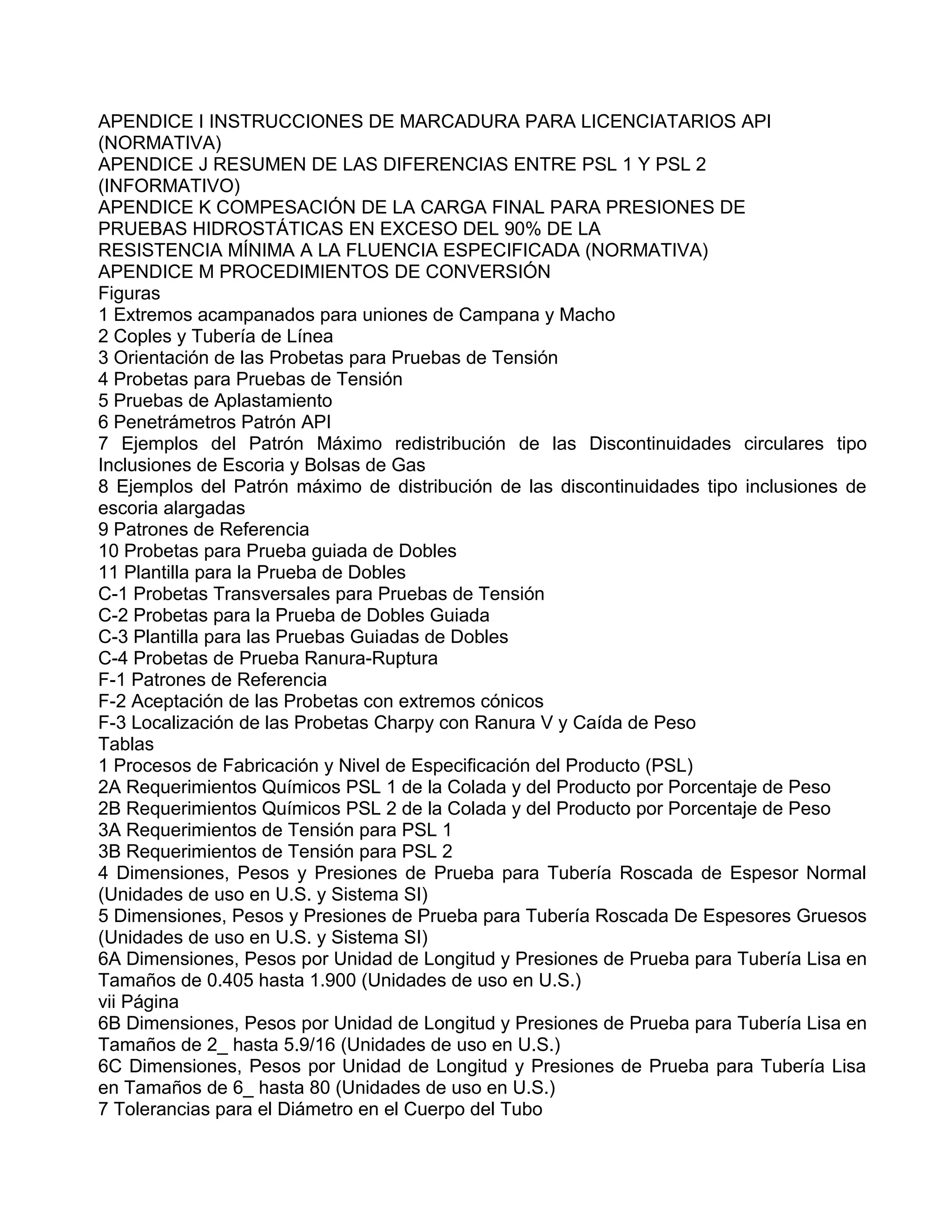 APENDICE I INSTRUCCIONES DE MARCADURA PARA LICENCIATARIOS API
(NORMATIVA)
APENDICE J RESUMEN DE LAS DIFERENCIAS ENTRE PSL 1 Y PSL 2
(INFORMATIVO)
APENDICE K COMPESACIÓN DE LA CARGA FINAL PARA PRESIONES DE
PRUEBAS HIDROSTÁTICAS EN EXCESO DEL 90% DE LA
RESISTENCIA MÍNIMA A LA FLUENCIA ESPECIFICADA (NORMATIVA)
APENDICE M PROCEDIMIENTOS DE CONVERSIÓN
Figuras
1 Extremos acampanados para uniones de Campana y Macho
2 Coples y Tubería de Línea
3 Orientación de las Probetas para Pruebas de Tensión
4 Probetas para Pruebas de Tensión
5 Pruebas de Aplastamiento
6 Penetrámetros Patrón API
7 Ejemplos del Patrón Máximo redistribución de las Discontinuidades circulares tipo
Inclusiones de Escoria y Bolsas de Gas
8 Ejemplos del Patrón máximo de distribución de las discontinuidades tipo inclusiones de
escoria alargadas
9 Patrones de Referencia
10 Probetas para Prueba guiada de Dobles
11 Plantilla para la Prueba de Dobles
C-1 Probetas Transversales para Pruebas de Tensión
C-2 Probetas para la Prueba de Dobles Guiada
C-3 Plantilla para las Pruebas Guiadas de Dobles
C-4 Probetas de Prueba Ranura-Ruptura
F-1 Patrones de Referencia
F-2 Aceptación de las Probetas con extremos cónicos
F-3 Localización de las Probetas Charpy con Ranura V y Caída de Peso
Tablas
1 Procesos de Fabricación y Nivel de Especificación del Producto (PSL)
2A Requerimientos Químicos PSL 1 de la Colada y del Producto por Porcentaje de Peso
2B Requerimientos Químicos PSL 2 de la Colada y del Producto por Porcentaje de Peso
3A Requerimientos de Tensión para PSL 1
3B Requerimientos de Tensión para PSL 2
4 Dimensiones, Pesos y Presiones de Prueba para Tubería Roscada de Espesor Normal
(Unidades de uso en U.S. y Sistema SI)
5 Dimensiones, Pesos y Presiones de Prueba para Tubería Roscada De Espesores Gruesos
(Unidades de uso en U.S. y Sistema SI)
6A Dimensiones, Pesos por Unidad de Longitud y Presiones de Prueba para Tubería Lisa en
Tamaños de 0.405 hasta 1.900 (Unidades de uso en U.S.)
vii Página
6B Dimensiones, Pesos por Unidad de Longitud y Presiones de Prueba para Tubería Lisa en
Tamaños de 2_ hasta 5.9/16 (Unidades de uso en U.S.)
6C Dimensiones, Pesos por Unidad de Longitud y Presiones de Prueba para Tubería Lisa
en Tamaños de 6_ hasta 80 (Unidades de uso en U.S.)
7 Tolerancias para el Diámetro en el Cuerpo del Tubo
 