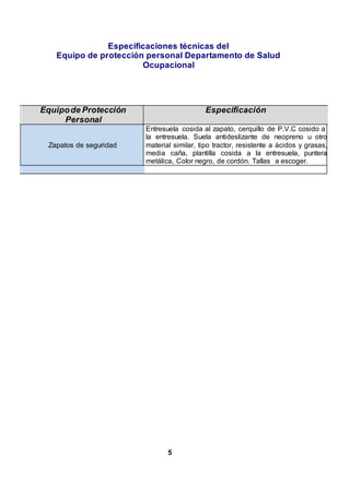 Especificaciones técnicas del
Equipo de protección personal Departamento de Salud
Ocupacional
5
Equipode Protección
Personal
Especificación
Zapatos de seguridad
Entresuela cosida al zapato, cerquillo de P.V.C cosido a
la entresuela. Suela antideslizante de neopreno u otro
material similar, tipo tractor, resistente a ácidos y grasas,
media caña, plantilla cosida a la entresuela, puntera
metálica, Color negro, de cordón. Tallas a escoger.
 