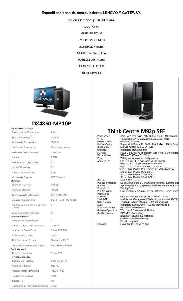 Especificaciones de computadoras lenovo y gateway
