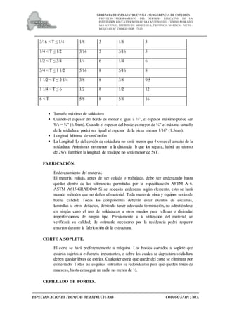 GERENCIA DE INFRAESTRUCTURA - SUBGERENCIA DE ESTUDIOS
PROYECTO:“ MEJORAMIENTO DEL SERVICIO EDUCATIVO DE LA
INSTITUCIÓN EDUCATIVA MODELO SAN ANTONIO DEL CENTRO POBLADO
SAN ANTONIO, DISTRITO DE MOQUEGUA, PROVINCIA MARISCAL NIETO –
MOQUEGUA”. CODIGO SNIP: 57613.
ESPECIFICACIONES TECNICAS DE ESTRUCTURAS CODIGO SNIP: 57613.
3/16 < T ≤ 1/4 1/8 3 1/8 3
1/4 < T ≤ 1/2 3/16 5 3/16 5
1/2 < T ≤ 3/4 1/4 6 1/4 6
3/4 < T ≤ 1 1/2 5/16 8 5/16 8
1 1/2 < T ≤ 2 1/4 3/8 8 3/8 9.5
1 1/4 < T ≤ 6 1/2 8 1/2 12
6 < T 5/8 8 5/8 16
 Tamaño máximo de soldadura
 Cuando el espesor del borde es menor o igual a ¼”, el espesor máximo puede ser
Ws = ¼” (6.4mm). Cuando el espesor del borde es mayor de ¼” el máximo tamaño
de la soldadura podrá ser igual al espesor de la pieza menos 1/16” (1.5mm).
 Longitud Mínima de un Cordón
 La Longitud Ls del cordón de soldadura no será menor que 4 veces eltamaño de la
soldadura. Asimismo no menor a la distancia b que los separa, habrá un retorno
de 2Ws También la longitud de traslape no será menor de 5xT.
FABRICACIÓN:
Enderezamiento del material.
El material rolado, antes de ser colado o trabajado, debe ser enderezado hasta
quedar dentro de las tolerancias permitidas por la especificación ASTM A-6.
ASTM A615-GRADO60 Si se necesita enderezar algún elemento, esto se hará
usando métodos que no dañen el material. Toda mano de obra y equipos serán de
buena calidad. Todos los componentes deberán estar exentos de escamas,
laminillas u otros defectos, debiendo tener adecuada terminación, no admitiéndose
en ningún caso el uso de soldaduras u otros medios para rellenar o disimular
imperfecciones de ningún tipo. Previamente a la utilización del material, se
verificará su calidad; de estimarlo necesario por la residencia podrá requerir
ensayos durante la fabricación de la estructura.
CORTE A SOPLETE.
El corte se hará preferentemente a máquina. Los bordes cortados a soplete que
estarán sujetos a esfuerzos importantes, o sobre los cuales se depositara soldadura
deben quedar libres de estrías. Cualquier estría que quede del corte se eliminara por
esmerilado. Todas las esquinas entrantes se redondearan para que queden libres de
muescas, hasta conseguir un radio no menor de ½.
CEPILLADO DE BORDES.
 