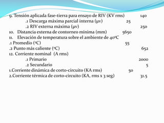 9. Tensión aplicada fase-tierra para ensayo de RIV (KV rms) 140
.1 Descarga máxima parcial interna (µv) 25
.2 RIV externa máxima (µv) 250
10. Distancia externa de contorneo mínima (mm) 5650
11. Elevación de temperatura sobre el ambiente de 40ºC
.1 Promedio (ºC) 55
.2 Punto más caliente (ºC) 652
12. Corriente nominal (A rms)
.1 Primario 2000
.2 Secundario 5
1.Corriente dinámica de corto-circuito (KA rms) 50
2.Corriente térmica de corto-circuito (KA, rms x 3 seg) 31.5
 