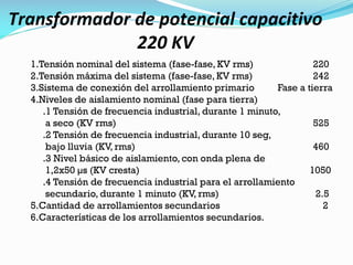 Transformador de potencial capacitivo
220 KV
1.Tensión nominal del sistema (fase-fase, KV rms) 220
2.Tensión máxima del sistema (fase-fase, KV rms) 242
3.Sistema de conexión del arrollamiento primario Fase a tierra
4.Niveles de aislamiento nominal (fase para tierra)
.1 Tensión de frecuencia industrial, durante 1 minuto,
a seco (KV rms) 525
.2 Tensión de frecuencia industrial, durante 10 seg,
bajo lluvia (KV, rms) 460
.3 Nivel básico de aislamiento, con onda plena de
1,2x50 µs (KV cresta) 1050
.4 Tensión de frecuencia industrial para el arrollamiento
secundario, durante 1 minuto (KV, rms) 2.5
5.Cantidad de arrollamientos secundarios 2
6.Características de los arrollamientos secundarios.
 