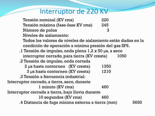 Interruptor de 220 KV
Tensión nominal (KV rms) 220
Tensión máxima (fase-fase KV rms) 245
Número de polos 3
Niveles de aislamiento:
Todos los valores de niveles de aislamiento están dados en la
condición de operación a mínima presión del gas SF6.
.1 Tensión de impulso, onda plena 1,2 x 50 µs, a seco
interruptor cerrado, para tierra (KV cresta) 1050
.2 Tensión de impulso, onda cortada
2 µs hasta contorneo (KV cresta) 1350
3 µs hasta contorneo (KV cresta) 1210
.3 Tensión a frecuencia industrial:
Interruptor cerrado, a tierra, seco, durante
1 minuto (KV rms) 460
Interruptor cerrada a tierra, bajo lluvia durante
10 segundos (KV rms) 460
.4 Distancia de fuga mínima externa a tierra (mm) 5650
 
