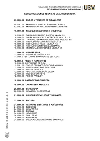 FACULTAD DE INGENIERIA ARQUITECTURA Y URBANISMO
ESCUELA PROFESIONAL DE INGENIERIA CIVIL
U
N
I
V
E
R
S
I
D
A
D
C
E
S
A
R
V
A
L
L
E
J
O
ESPECIFICACIONES TECNICAS DE ARQUITECTURA
09.00.00.00 MUROS Y TABIQUES DE ALBAÑILERIA
09.01.02.01 MURO DE SOGA CON LADRILLO CORIENTE
02.01.02.03 MURO DE CANTO CON LADRILLO CORRIENTE
10.00.00.00 REVOQUES ENLUCIDOS Y MOLDURAS
10.01.00.00 TARRAJEO PRIMARIO RAYADO, Mezcla 1:5
10.02.00.00 TARRAJEO EN MUROS INTERIORES MEZCLA 1:5
10.03.00.00 TARRAJEO EN MUROS EXTERIORES MEZCLA 1:5
10.05.00.00 TARRAJEO DE COLUMNAS MEZCLA 1:5
10.06.00.00 TARRAJEO EN VIGAS, MEZCLA 1:5
10.08.00.00 TARRAJEO CON IMPERMEABILIZANTE
10.11.00.00 VESTIDURA DE DERRAMES, MEZCLA 1:5
11.00.00.00 CIELORRASOS
11.03.00.00 CIELO RASO, MEZCLA 1:5
11.04.00.0 VESTIDURAS EN FONDO DE ESCALERA
12.00.00.0 PISOS Y PAVIMENTOS
12.01.00.00 CONTRAPISO DE 5 CM
12.01.01.00 PISO DE CERÁMICO DE COLOR 30X30 CM
12.02.00.00 LOSETA VENECIANA DE COLOR
12.05.00.00 PISO DE MAYÓLICA
12.09.00.00 PISO LAJA AREQUIPEÑA CLARA
12.10.00.00 PISO DE CONCRETO
12.12.00.00 PISO DE PARQUET
18.00.00.00 CARPINTERIADE MADERA
19.00.00.00 CARPINTERIA METALICA
20.00.00.00 CERRAJERIA
20.01.00.00 BISAGRAS ALUMINIZADAS
21.00.00.00 CRISTALES TEMPLADOS Y SIMILARES
22.00.00.00 PINTURA
24.00.00.00 APARATOS SANITARIOS Y ACCESORIOS
24.01.00.00 INODOROS
24.02.00.00 LAVATORIOS
24.09.00.00 DUCHAS
24.11.00.00 JABONERAS
24.12.00.00 TOALLERAS
24.23.00.00 PAPELERAS
24.20.00.00 COLOCACIÓN DE APARATOS SANITARIOS
 