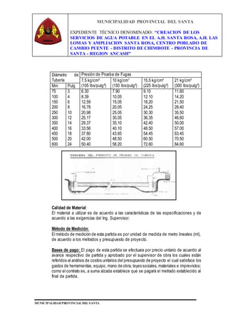 MUNICIPALIDAD PROVINCIAL DEL SANTA
EXPEDIENTE TÉCNICO DENOMINADO: “CREACION DE LOS
SERVICIOS DE AGUA POTABLE EN EL A.H. SANTA ROSA, A.H. LAS
LOMAS Y AMPLIACION SANTA ROSA, CENTRO POBLADO DE
CAMBIO PUENTE - DISTRITO DE CHIMBOTE - PROVINCIA DE
SANTA - REGION ANCASH”
MUNICIPALIDAD PROVINCIAL DEL SANTA
Diámetro de
Tubería
Presión de Prueba de Fugas
7,5 kg/cm²
(105 lbs/pulg²)
10 kg/cm”
(150 lbs/pulg²)
15,5 kg/cm²
(225 lbs/pulg²)
21 kg/cm²
(300 lbs/pulg²)Mm Pulg
75
100
150
200
250
300
350
400
450
500
600
3
4
6
8
10
12
14
16
18
20
24
6.30
8.39
12,59
16,78
20,98
25,17
29,37
33.56
37.80
42.00
50.40
7.90
10.05
15,05
20,05
25,05
30,05
35,10
40.10
43.65
48.50
58.20
9.10
12.10
18,20
24,25
30,30
36,35
42,40
48.50
54.45
60.50
72.60
11.60
14.20
21,50
28,40
35,50
46,60
50,00
57.00
63.45
70.50
84.60
Calidad de Material:
El material a utilizar es de acuerdo a las características de las especificaciones y de
acuerdo a las exigencias del Ing. Supervisor.
Método de Medición:
El método de medición de esta partida es por unidad de medida de metro lineales (ml),
de acuerdo a los metrados y presupuesto de proyecto.
Bases de pago: El pago de esta partida se efectuara por precio unitario de acuerdo al
avance respectivo de partida y aprobado por el supervisor de obra los cuales están
referidos al análisis de costos unitarios del presupuesto de proyecto el cual satisface los
gastos de herramientas, equipo, mano de obra, leyes sociales, materiales e imprevistos;
como el contrato es, a suma alzada establece que se pagará el metrado establecido al
final de partida.
 