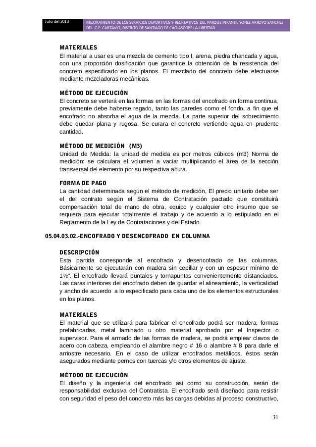 Especificaciones Tecnicas Parque Yonel Arroyo