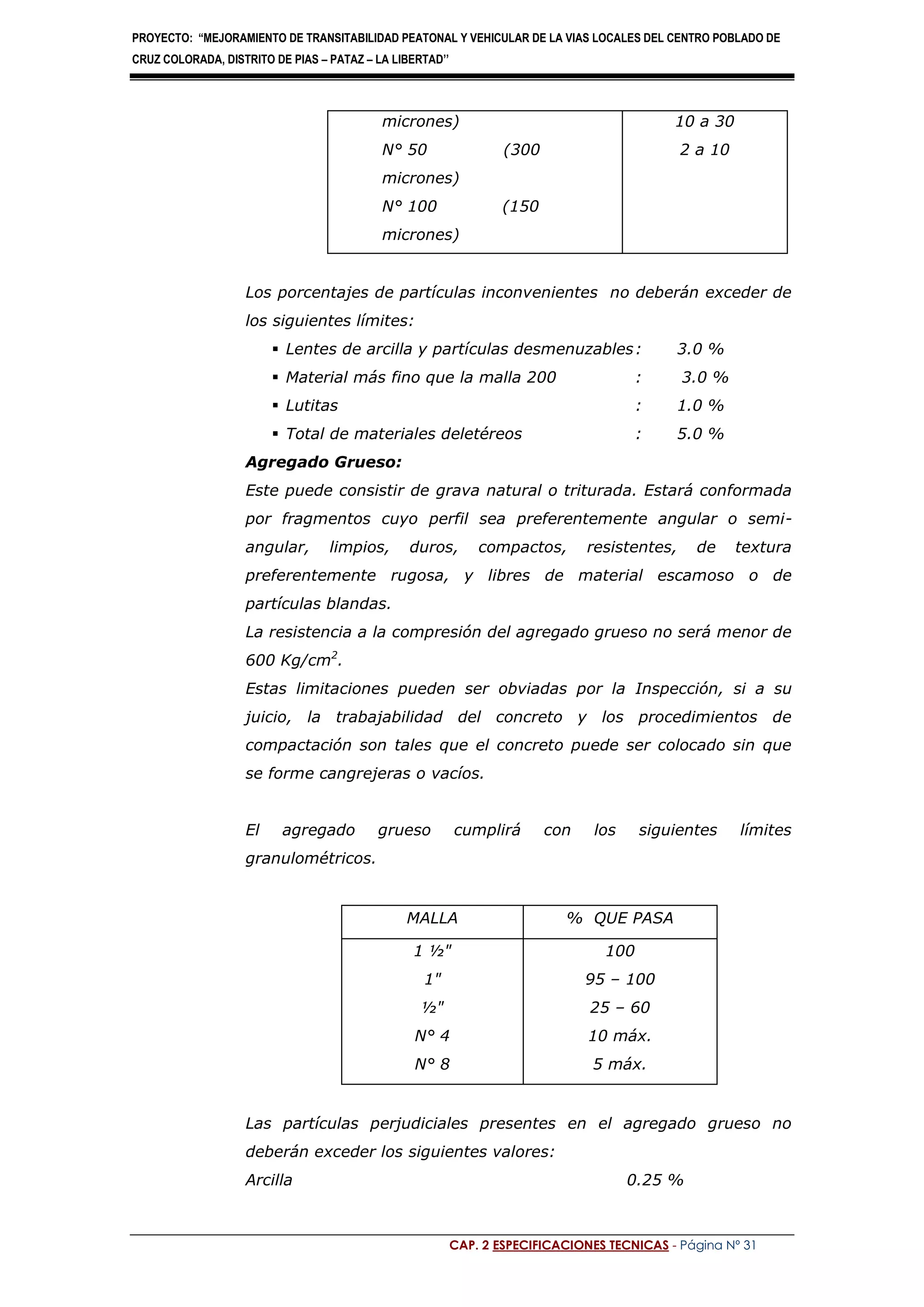 PROYECTO: “MEJORAMIENTO DE TRANSITABILIDAD PEATONAL Y VEHICULAR DE LA VIAS LOCALES DEL CENTRO POBLADO DE
CRUZ COLORADA, DISTRITO DE PIAS – PATAZ – LA LIBERTAD’’
CAP. 2 ESPECIFICACIONES TECNICAS - Página Nº 31
micrones)
N° 50 (300
micrones)
N° 100 (150
micrones)
10 a 30
2 a 10
Los porcentajes de partículas inconvenientes no deberán exceder de
los siguientes límites:
 Lentes de arcilla y partículas desmenuzables: 3.0 %
 Material más fino que la malla 200 : 3.0 %
 Lutitas : 1.0 %
 Total de materiales deletéreos : 5.0 %
Agregado Grueso:
Este puede consistir de grava natural o triturada. Estará conformada
por fragmentos cuyo perfil sea preferentemente angular o semi-
angular, limpios, duros, compactos, resistentes, de textura
preferentemente rugosa, y libres de material escamoso o de
partículas blandas.
La resistencia a la compresión del agregado grueso no será menor de
600 Kg/cm2
.
Estas limitaciones pueden ser obviadas por la Inspección, si a su
juicio, la trabajabilidad del concreto y los procedimientos de
compactación son tales que el concreto puede ser colocado sin que
se forme cangrejeras o vacíos.
El agregado grueso cumplirá con los siguientes límites
granulométricos.
MALLA % QUE PASA
1 ½"
1"
½"
N° 4
N° 8
100
95 – 100
25 – 60
10 máx.
5 máx.
Las partículas perjudiciales presentes en el agregado grueso no
deberán exceder los siguientes valores:
Arcilla 0.25 %
 