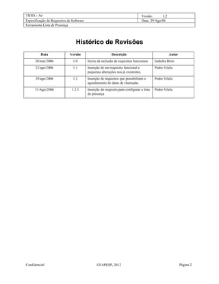 TIDIA - Ae                                                                         Versão:      1.2
Especificação de Requisitos de Software                                            Data: 29/Ago/06
Ferramenta Lista de Presença



                                 Histórico de Revisões
          Data               Versão                        Descrição                                  Autor
      20/mar/2006              1.0        Inicio da inclusão de requisitos funcionais      Izabella Brito
      22/ago/2006              1.1        Inserção de um requisito funcional e             Pedro Vilela
                                          pequenas alterações nos já existentes.
      29/ago/2006              1.2        Inserção de requisitos que possibilitam o        Pedro Vilela
                                          agendamento de datas de chamadas.
      31/Ago/2006             1.2.1       Inserção do requisito para configurar a lista    Pedro Vilela
                                          de presença




Confidencial                                    ©FAPESP, 2012                                                 Página 2
 