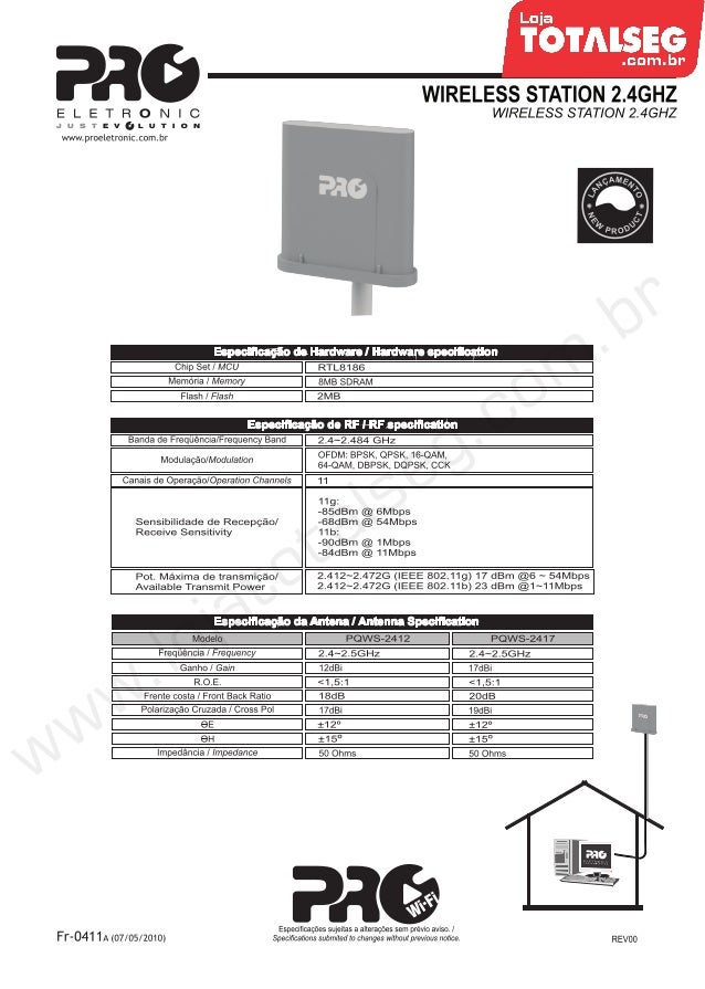 Especificação Técnica do CPE-Wireless Station 2.4 GHz com Antena Acoplada de 17 dBi  PQWS-2417 Proeletronic - LojaTotalseg.com.br