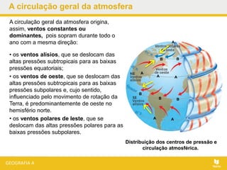 A circulação geral da atmosfera
• os ventos alísios, que se deslocam das
altas pressões subtropicais para as baixas
pressões equatoriais;
• os ventos de oeste, que se deslocam das
altas pressões subtropicais para as baixas
pressões subpolares e, cujo sentido,
influenciado pelo movimento de rotação da
Terra, é predominantemente de oeste no
hemisfério norte.
• os ventos polares de leste, que se
deslocam das altas pressões polares para as
baixas pressões subpolares.
Distribuição dos centros de pressão e
circulação atmosférica..
A circulação geral da atmosfera origina,
assim, ventos constantes ou
dominantes, pois sopram durante todo o
ano com a mesma direção:
BB
B
B B
AA
A
A
AA
 