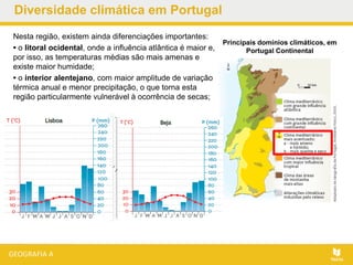 Diversidade climática em Portugal
Nesta região, existem ainda diferenciações importantes:
• o litoral ocidental, onde a influência atlântica é maior e,
por isso, as temperaturas médias são mais amenas e
existe maior humidade;
• o interior alentejano, com maior amplitude de variação
térmica anual e menor precipitação, o que torna esta
região particularmente vulnerável à ocorrência de secas;
Principais domínios climáticos, em
Portugal Continental
 