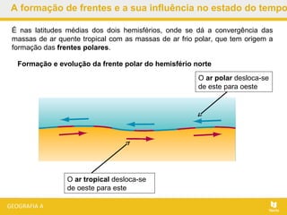 O ar tropical desloca-se
de oeste para este
O ar polar desloca-se
de este para oeste
Formação e evolução da frente polar do hemisfério norte
A formação de frentes e a sua influência no estado do tempo
É nas latitudes médias dos dois hemisférios, onde se dá a convergência das
massas de ar quente tropical com as massas de ar frio polar, que tem origem a
formação das frentes polares.
 
