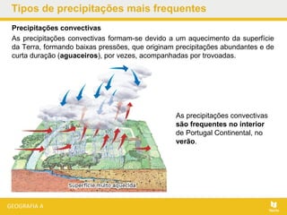 Tipos de precipitações mais frequentes
Precipitações convectivas
As precipitações convectivas formam-se devido a um aquecimento da superfície
da Terra, formando baixas pressões, que originam precipitações abundantes e de
curta duração (aguaceiros), por vezes, acompanhadas por trovoadas.
As precipitações convectivas
são frequentes no interior
de Portugal Continental, no
verão.
 