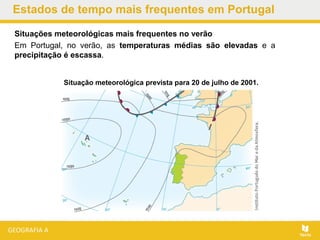 Estados de tempo mais frequentes em Portugal
Situações meteorológicas mais frequentes no verão
Em Portugal, no verão, as temperaturas médias são elevadas e a
precipitação é escassa.
Situação meteorológica prevista para 20 de julho de 2001.
 