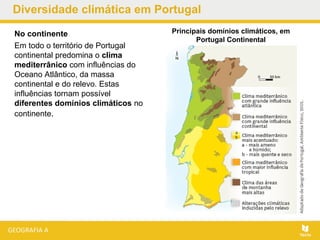 Diversidade climática em Portugal
No continente
Em todo o território de Portugal
continental predomina o clima
mediterrânico com influências do
Oceano Atlântico, da massa
continental e do relevo. Estas
influências tornam possível
diferentes domínios climáticos no
continente.
Principais domínios climáticos, em
Portugal Continental
 