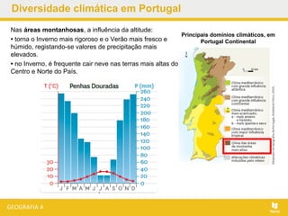 Diversidade climática em Portugal
Nas áreas montanhosas, a influência da altitude:
• torna o Inverno mais rigoroso e o Verão mais fresco e
húmido, registando-se valores de precipitação mais
elevados.
• no Inverno, é frequente cair neve nas terras mais altas do
Centro e Norte do País.
Principais domínios climáticos, em
Portugal Continental
 