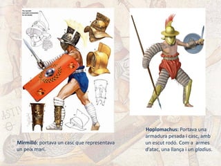 Mirmilló: portava un casc que representava
un peix marí.
Hoplomachus: Portava una
armadura pesada i casc, amb
un escut rodó. Com a armes
d’atac, una llança i un gladius.
 