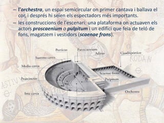 – l'orchestra, un espai semicircular on primer cantava i ballava el
cor, i després hi seien els espectadors més importants.
– les construccions de l'escenari: una plataforma on actuaven els
actors proscaenium o pulpitum i un edifici que feia de teló de
fons, magatzem i vestidors (scaenae frons).
 