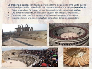 La graderia o cauea, construïda per un sistema de galeries amb volta que la
sostenien i permetien accedir-hi per unes escales i uns accessos (uomitoria).
• Estava separada de l'arena per un mur d'uns quatre metres anomenat podium.
• Una o més tribunes estaven reservades als grans personatges (l'emperador).
• Cada espectador tenia una entrada de pedra on se li assignava el seu seient.
• Es podia estendre una gran lona (uelum) per protegir del sol els espectadors.
 