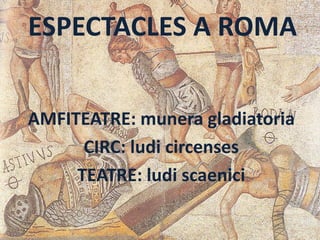 ESPECTACLES A ROMA
AMFITEATRE: munera gladiatoria
CIRC: ludi circenses
TEATRE: ludi scaenici
 
