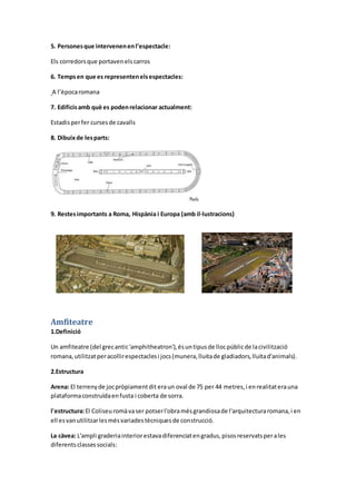 5. Personesque intervenenenl’espectacle:
Els corredorsque portavenelscarros
6. Tempsen que es representenelsespectacles:
A l’èpocaromana
7. Edificisamb què es podenrelacionar actualment:
Estadisperfer cursesde cavalls
8. Dibuixde lesparts:
9. Restesimportants a Roma, Hispània i Europa (amb il·lustracions)
Amfiteatre
1.Definició
Un amfiteatre (del grecantic'amphitheatron'),ésuntipusde llocpúblicde lacivilització
romana,utilitzatperacollirespectaclesi jocs(munera,lluitade gladiadors,lluitad'animals).
2.Estructura
Arena: El terrenyde jocpròpiamentdit eraun oval de 75 per 44 metres,i enrealitaterauna
plataformaconstruïdaenfusta i coberta de sorra.
l'estructura:El Coliseuromàvaser potserl'obramésgrandiosade l'arquitecturaromana,i en
ell esvanutilitzarlesmésvariadestècniquesde construcció.
La càvea: L'ampli graderiainteriorestavadiferenciatengradus,pisosreservatsperales
diferentsclassessocials:
 