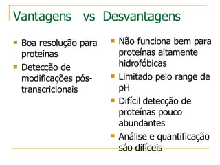 Vantagens  vs  Desvantagens Boa resolução para proteínas Detecção de modificações pós-transcricionais  Não funciona bem para proteínas altamente hidrofóbicas Limitado pelo range de pH Difícil detecção de proteínas pouco abundantes  Análise e quantificação sáo difíceis 