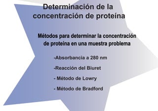Determinación de la
concentración de proteína

 Métodos para determinar la concentración
   de proteína en una muestra problema

       -Absorbancia a 280 nm

       -Reacción del Biuret

       - Método de Lowry

       - Método de Bradford
 
