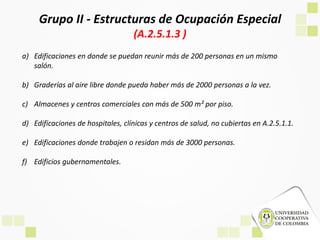 a) Edificaciones en donde se puedan reunir más de 200 personas en un mismo
salón.
b) Graderías al aire libre donde pueda haber más de 2000 personas a la vez.
c) Almacenes y centros comerciales con más de 500 m² por piso.
d) Edificaciones de hospitales, clínicas y centros de salud, no cubiertas en A.2.5.1.1.
e) Edificaciones donde trabajen o residan más de 3000 personas.
f) Edificios gubernamentales.
Grupo II - Estructuras de Ocupación Especial
(A.2.5.1.3 )
 